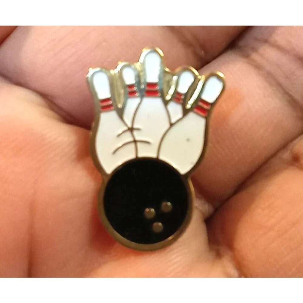 Bowling Pin and Ball Pinback Button Lapel Enamel Gold Tone